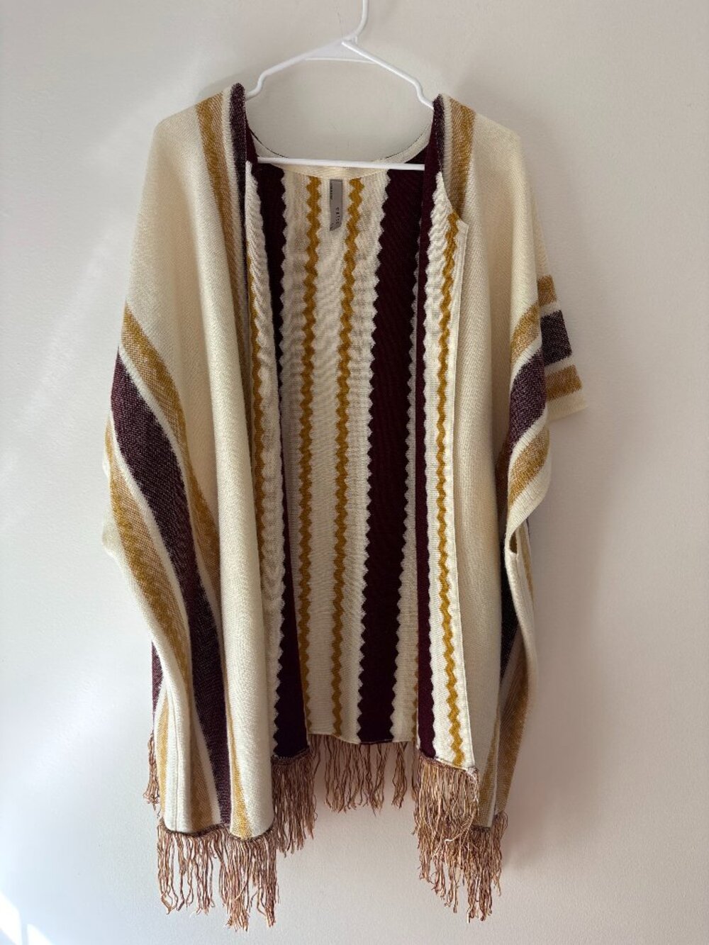 Entro Chevron Striped Fringe Poncho Cardigan S/M Cream Mustard Burgundy